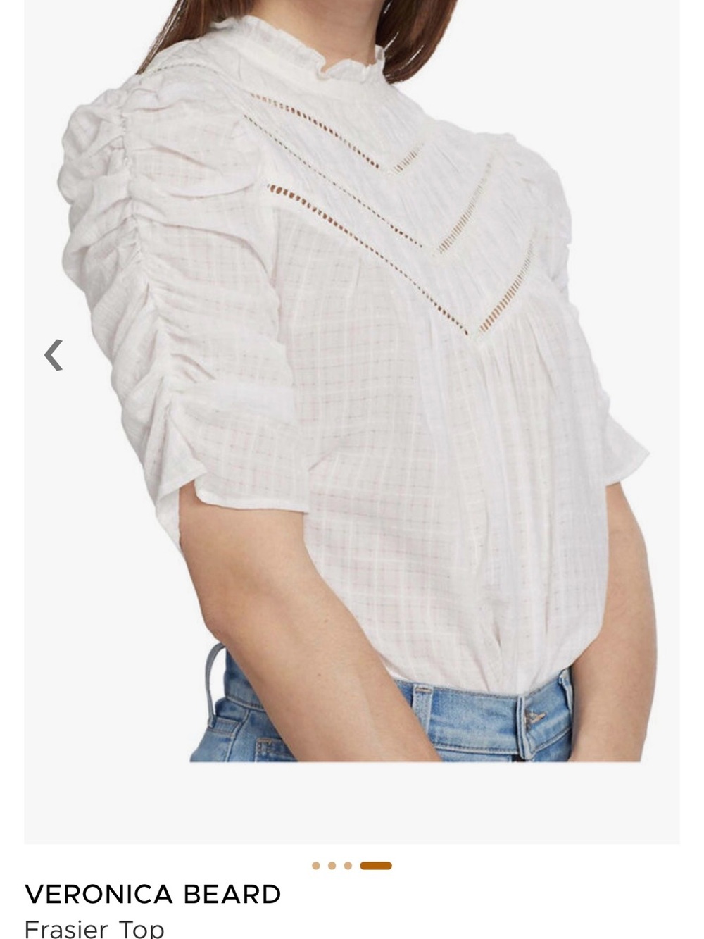 Veronica Beard White Ruched Puff Sleeve Eyelet Top size 8